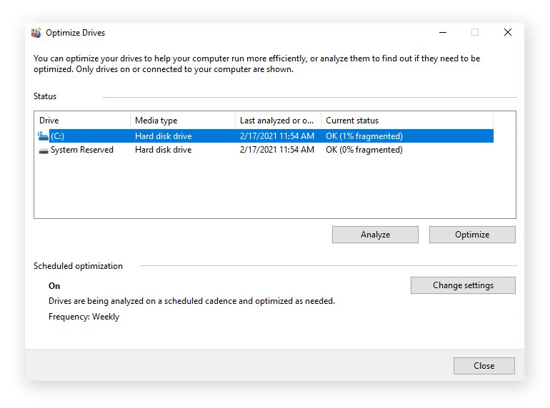 Defragmenting a hard drive in Windows 10