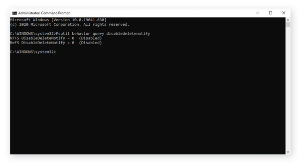 Verifying that TRIM is enabled in the Command Prompt for Windows 10