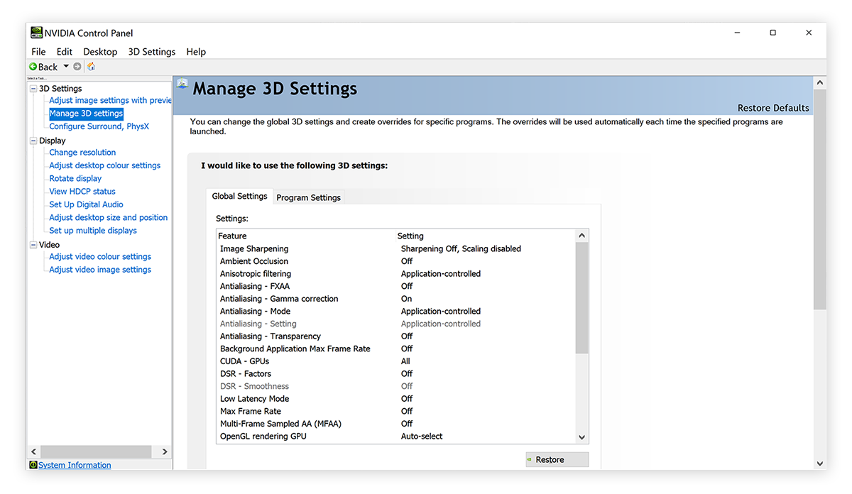 manage 3d settings nvidia for games