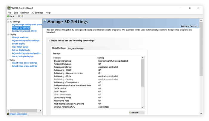Managing 3D Settings in the Nvidia Control Panel for Windows 10