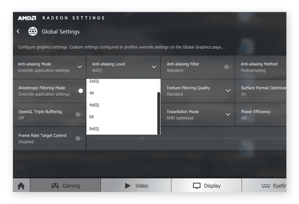 Adjusting the anti-aliasing level within the AMD Radeon Settings for Windows
