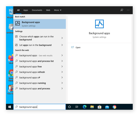 Opening the Background apps settings from the Start menu in Windows 10