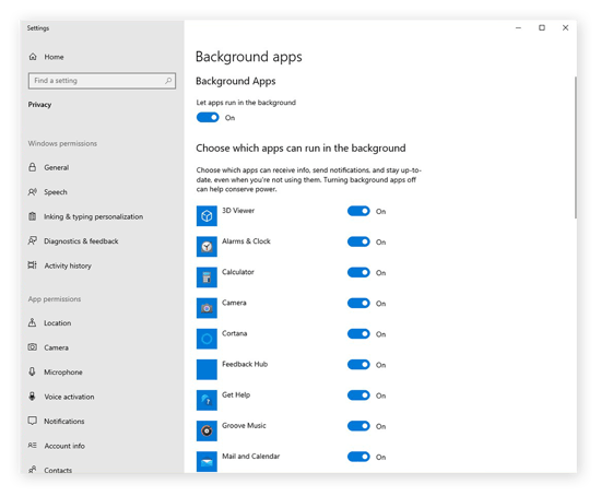 Paramètres des applications en arrière-plan dans Windows 10