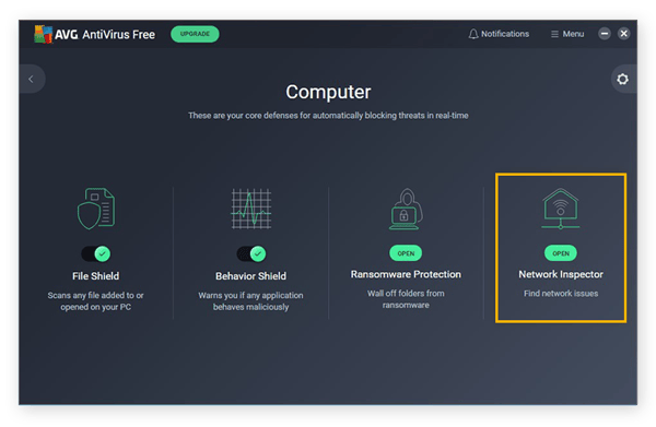 Opening the Network Inspector cybersecurity tool in AVG AntiVirus FREE for Windows 10