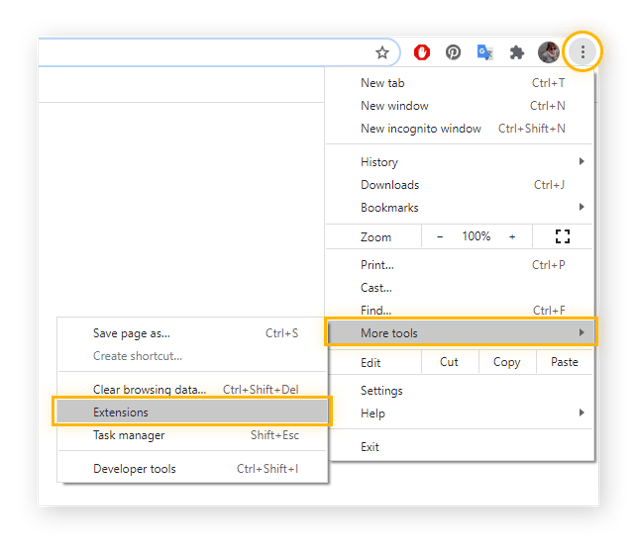 Geopend Google Chrome-menu met “Meer hulpprogramma’s”. “Extensies” geselecteerd in het tweede menu.