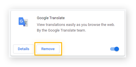  Image shows Google Translate Chrome Extension with the Remove button highlighted.