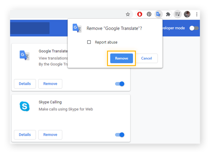 Janela pop-up que aparece ao clicar em “Remover” na extensão do Chrome. O botão Remover na janela pop-up está em destaque.