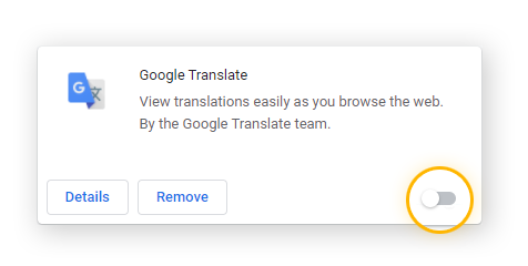 A extensão do Google Tradutor para o Chrome é mostrada como desativada, com a barra de alternância no canto inferior esquerdo em cinza.