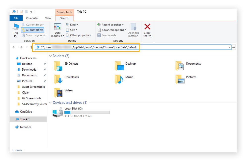 File Explorer window with pathway directing to Chrome extensions pasted into the navigation bar.