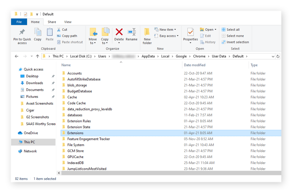 File explorer window with list of folders and Extensions folder selected.
