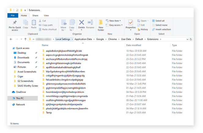 Fenêtre de l’explorateur de fichiers montrant le dossier Extensions ouvert avec une liste de sous-dossiers à l’intérieur. Tous les noms de dossiers sont composés d’une chaîne de lettres aléatoire.