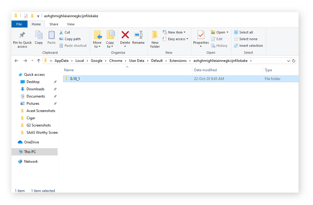 Fenêtre de l’explorateur de fichiers avec un dossier d’extension ouvert. Celui-ci comprend un sous-dossier dont le nom indique le numéro de version de l’extension.