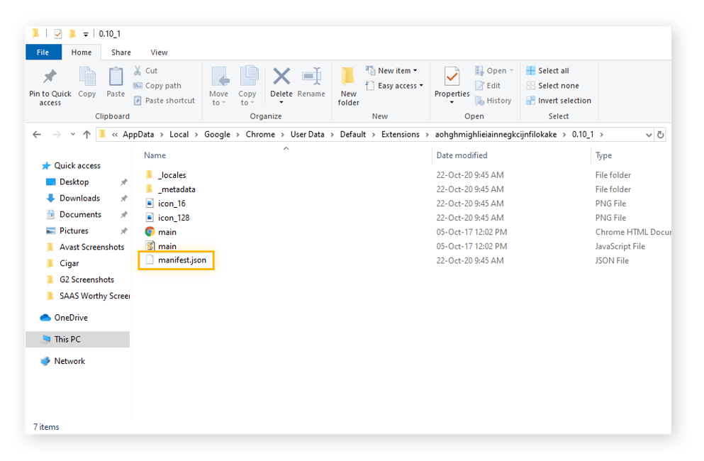 File explorer window with subfolder of extension opened and file titled manifest.json highlighted.