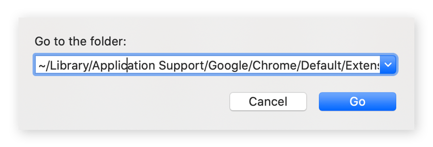 Fenêtre de recherche du menu Aller au dossier. Le chemin renseigné dans la barre de navigation correspond au dossier des extensions Chrome.