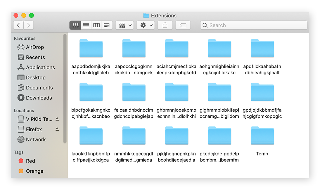 Google Chrome extensions folder with many folders within. All folders within have names with long strings of letters.