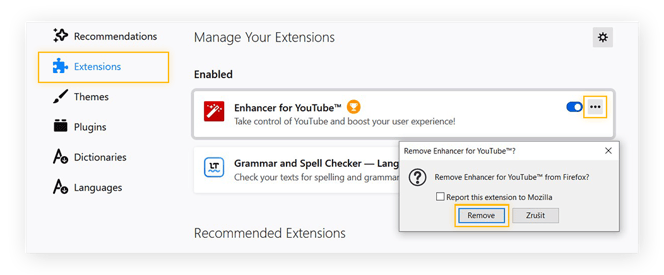 Administrador de complementos de Firefox a punto de eliminar extensiones.
