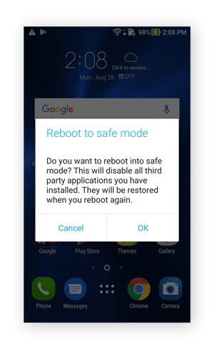 Pantalla de confirmación de reinicio en modo seguro de Android