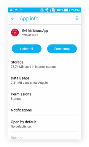 Pantalla de confirmación de desinstalación de una aplicación para Android