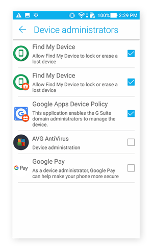Tela de permissões do administrador do dispositivo para Android