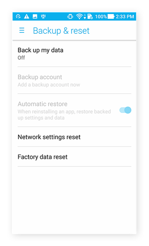 Tela de backup e redefinição de dados do Android