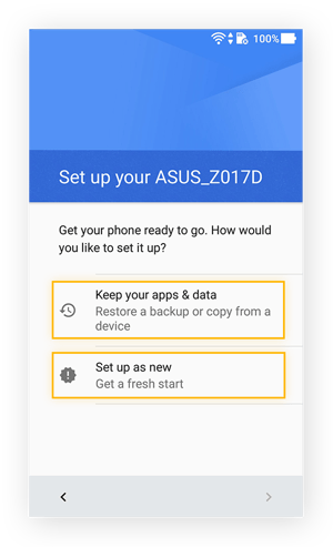 Schermata che richiede se utilizzare i dati di backup o creare una nuova configurazione di Android