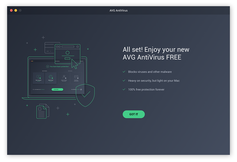 Schermata di benvenuto di AVG AntiVirus per Mac.