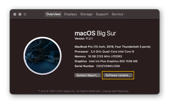Het pop-upbericht “Over deze Mac” in macOS Big Sur.