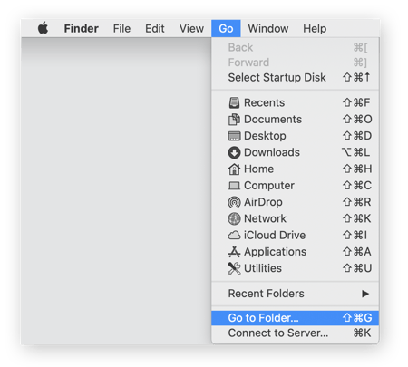 Selecting "Go to folder" in Finder in macOS.