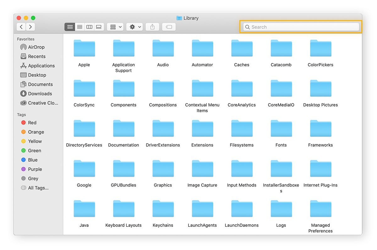 Búsqueda de archivos residuales de una aplicación eliminada en la Biblioteca de macOS.