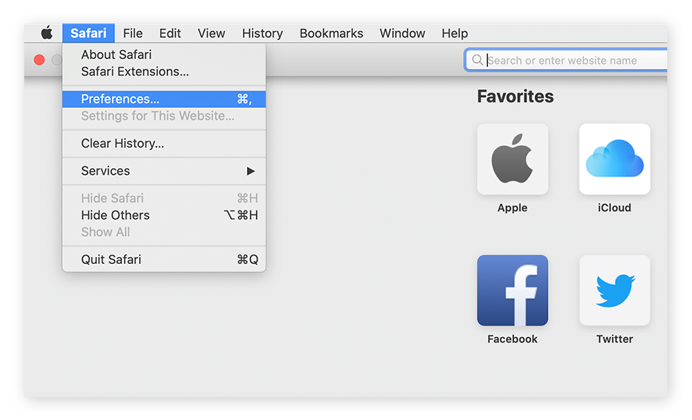 Apertura de las Preferencias en Safari en macOS.