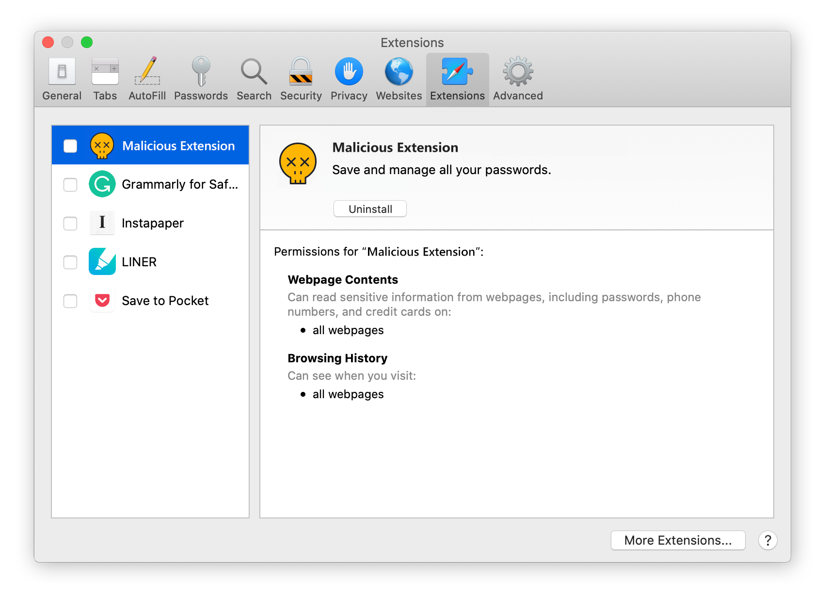 Exibir todas as extensões de navegador no Safari no macOS.