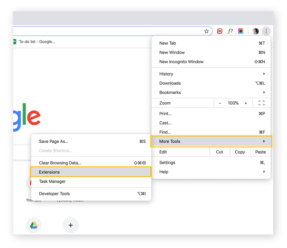 Apertura de la configuración de las extensiones del navegador en Google Chrome en macOS.
