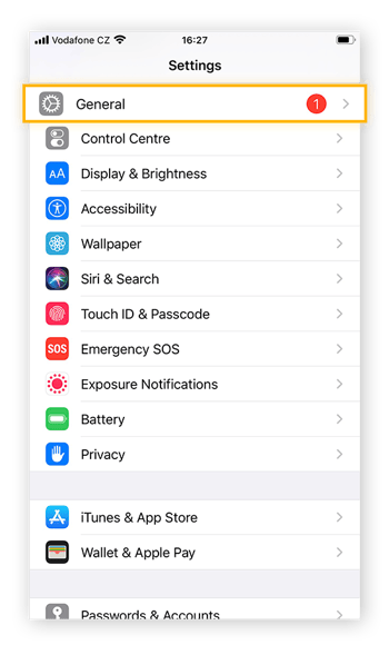 Tap General to continue with iOS software update. If you have an old version of iOS the General tab will have a red notification to the right.