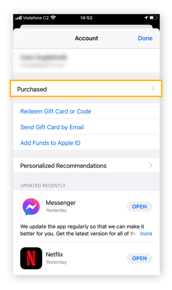 Pour voir toutes les applications téléchargées depuis l’App Store, appuyez sur l’option Achats (dans les réglages du profil).