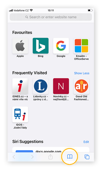 Vea el historial de búsqueda de Safari tocando el icono de libro abierto de la aplicación.