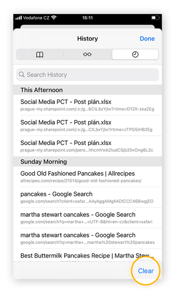 To clear search data and cookies, tap the Clear option in the bottom right hand corner of the search History tab within the Safari app.