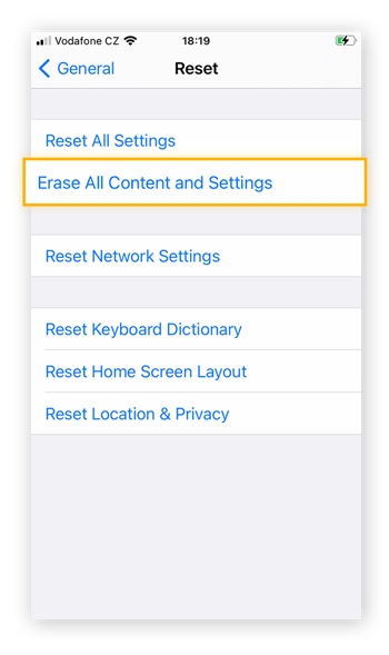 To confirm your option of a factory reset, select Erase All Content and Settings.