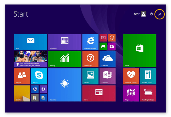 The Start menu in Windows 8.1, showing the location of the Search icon