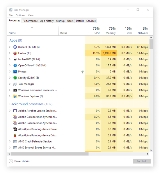 Captura de pantalla del Administrador de tareas, donde podría haber un programa usando un archivo en el disco duro externo.