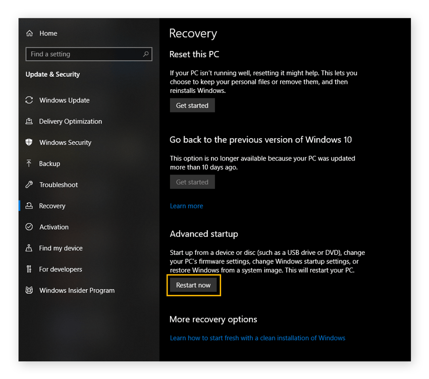 The "Recovery" options in Windows 10 settings. Under Advanced Startup, the "Restart now" button is circled.