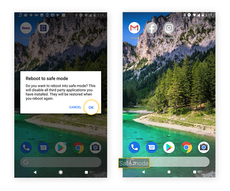 Redémarrage en mode sans échec dans Android 11 détecter les applications malveillantes.