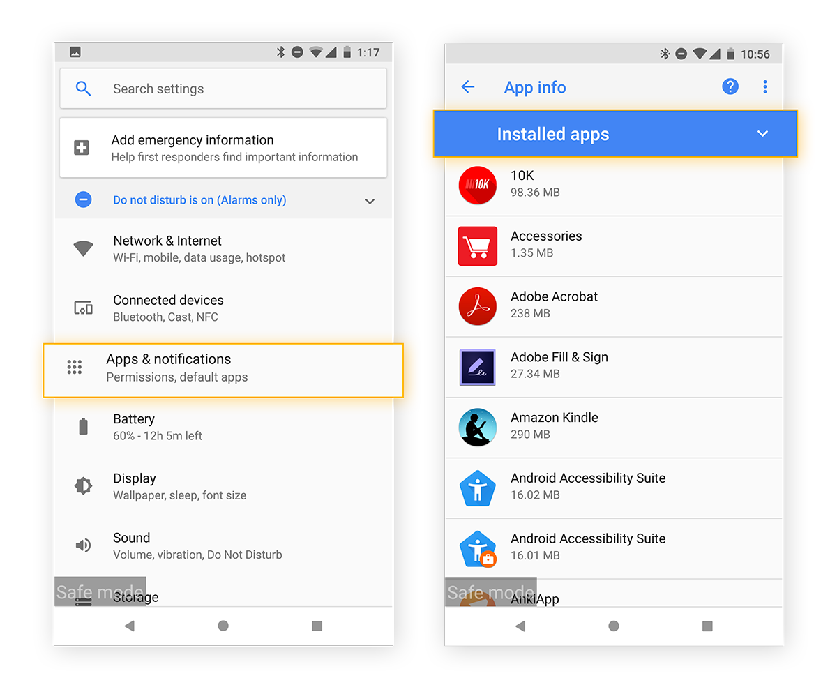 Navegación desde los ajustes a las aplicaciones instaladas para buscar aplicaciones falsas en Android 11.
