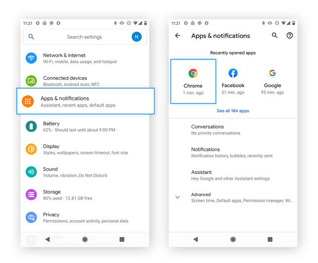 Instellingen openen en zoeken naar Chrome in Android 11.