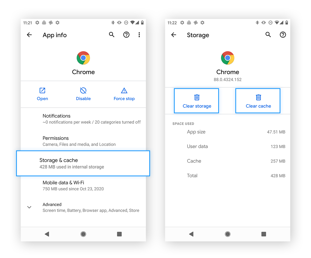 Löschen des Speichers in Google Chrome zur Entfernung von Android-Malware