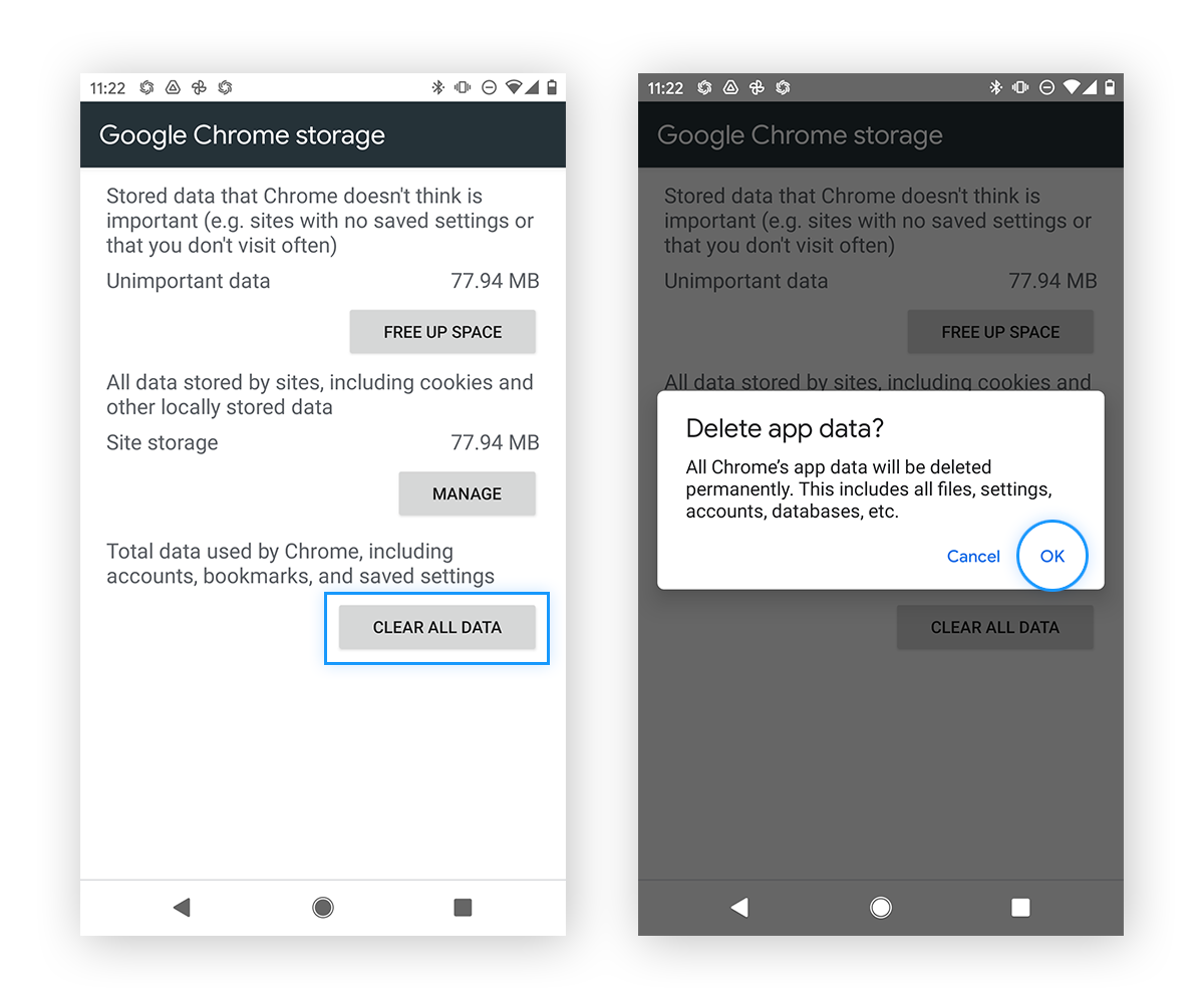 Eliminar datos de la aplicación de Google Chrome en Android 11 para eliminar malware.