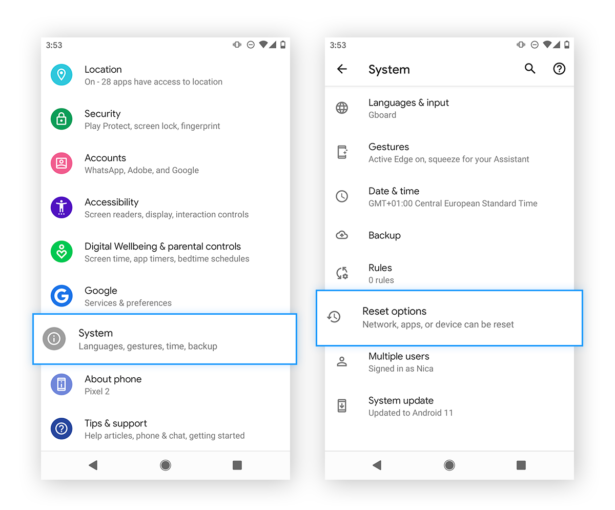 Öffnen der Optionen zum Zurücksetzen über die Einstellungen in Android 11