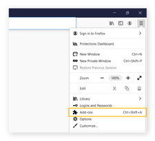 Ein Firefox-Menü mit hervorgehobenen Add-Ons.