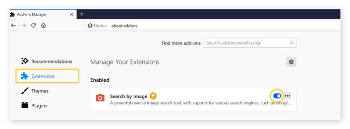 um gerenciador de complementos do Firefox aberto na guia Extensões, mostrando uma lista de extensões.