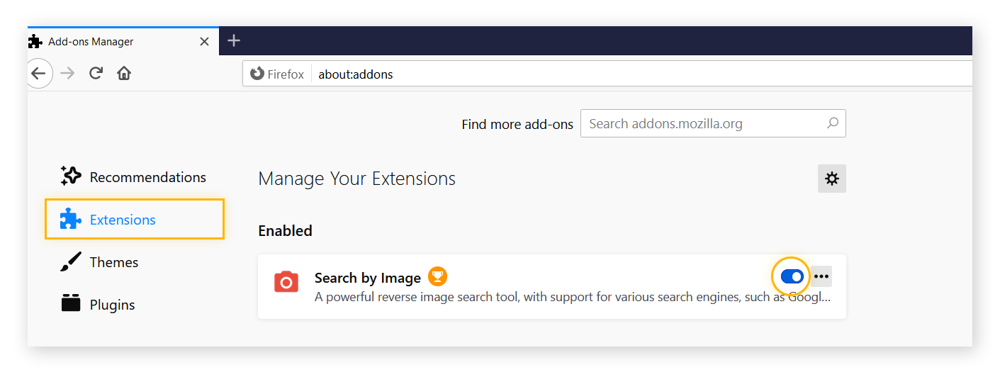 An opened Firefox add ons manager on the Extensions tab, showing a list of extensions.