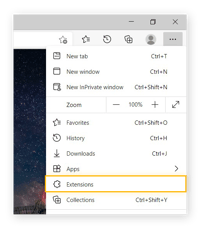 Edge browser menu uitgebreid en accentuering "extensies"